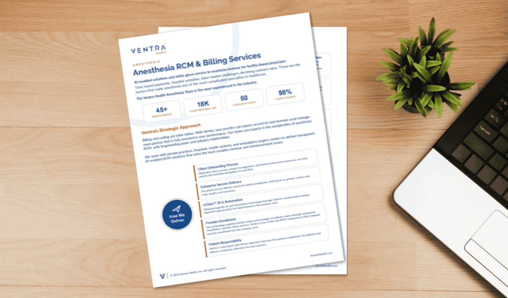 Ventra Health anesthesia RCM and billing services brochure on wooden desk.