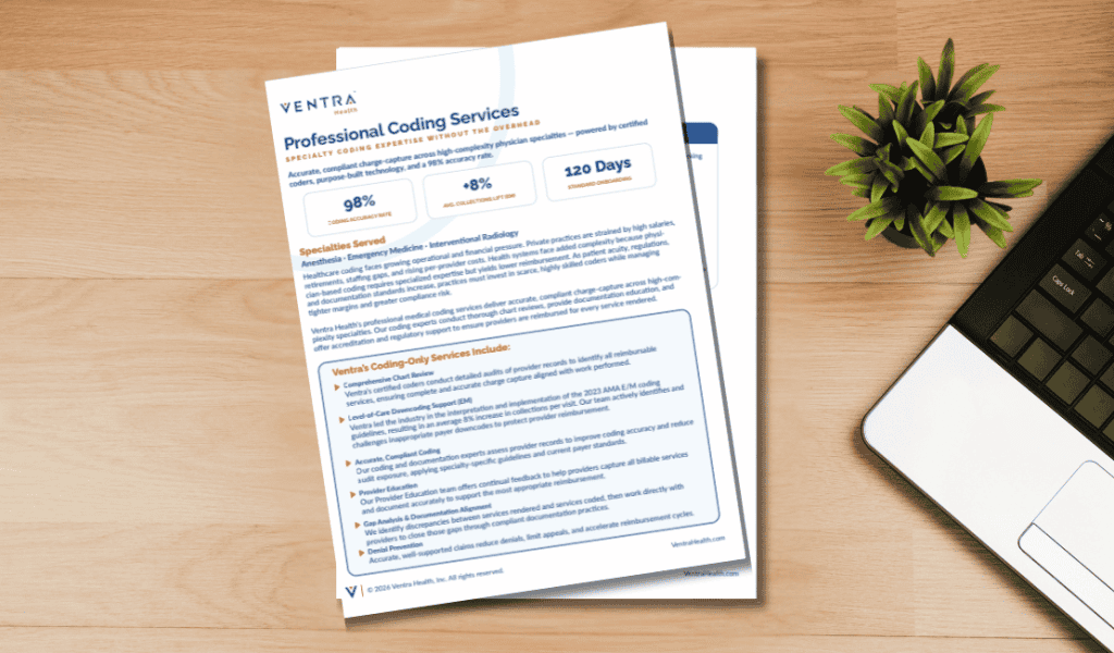 Ventra Health anesthesia billing services brochure on wooden desk.